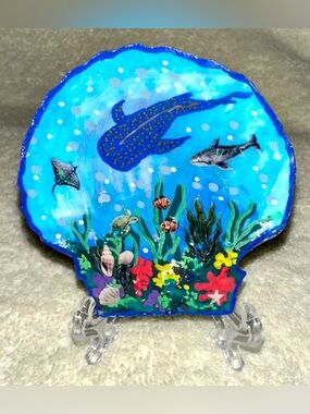 Hand Painted Ocean Life Aquarium Seashell Art Display with Stand